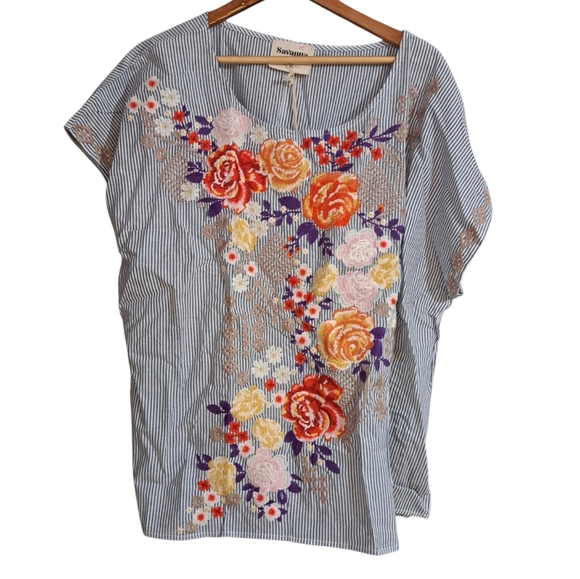 Savanna Jane Tops - Savanna Jane Embroidered Blouse Top Floral Pinstriped Boho Womens 3X